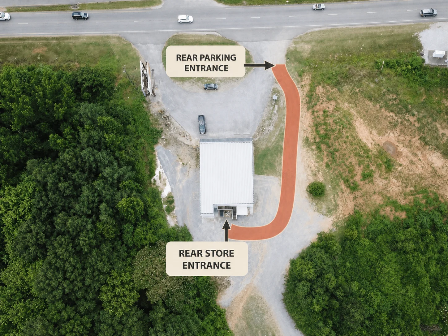 Aerial map showing the route from Highway 72 around Vintage 72 to the rear parking area and rear store entrance